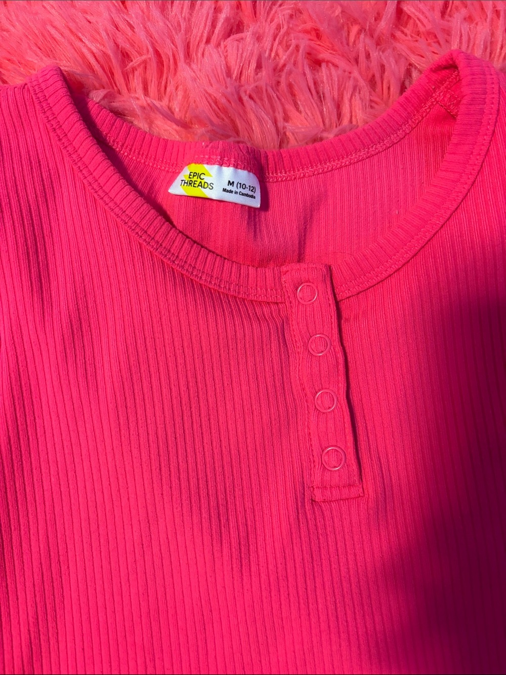 Epic Threads Hot Pink Ribbed Short Sleeve Henley Tee ( Girls 7-9 Yrs)